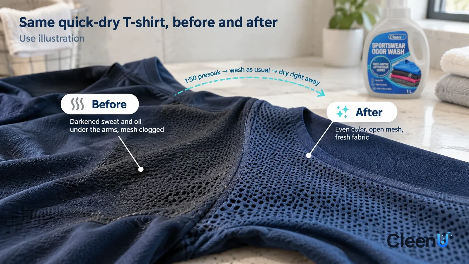 Illustration: CleenU Sportswear Odor Wash — A full-screen low-angle close-up of the underarm of a navy polyester quick-dry T-shirt (no brand marks) laid flat on the laundry counter