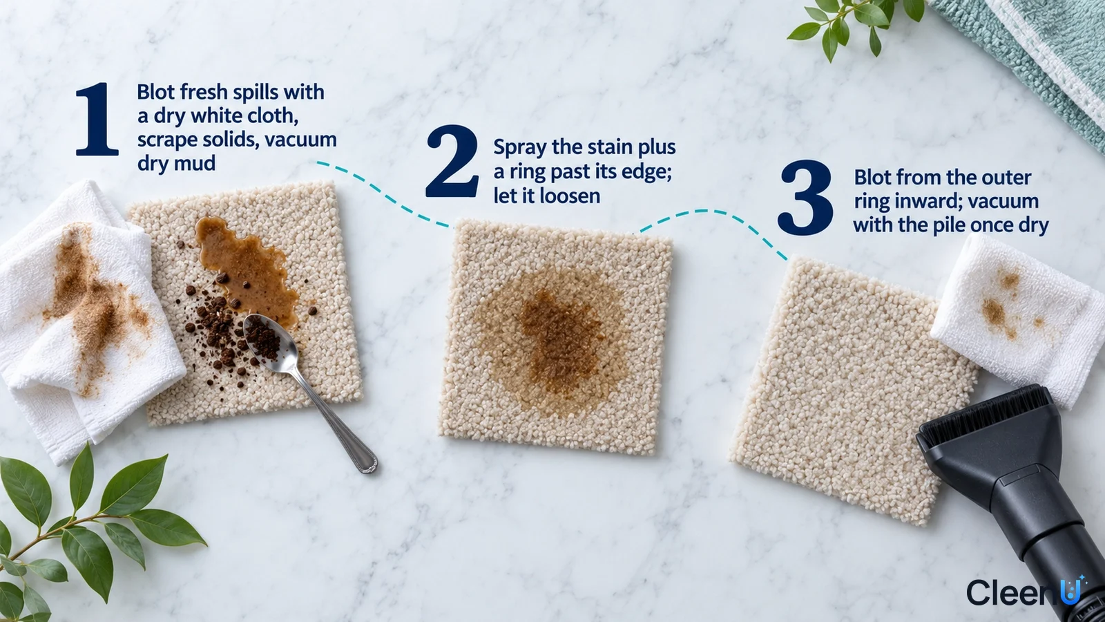 Illustration: Coffee-stained carpet samples, a white cloth, scraper and vacuum nozzle with numbered steps.