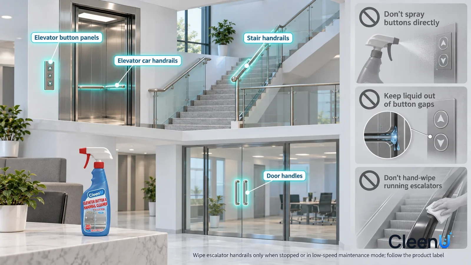 Illustration: CleenU Elevator Button & Handrail Cleaner — A realistic 3D cutaway of the first and second floors of an office building with no brand marks or sign text anywhere