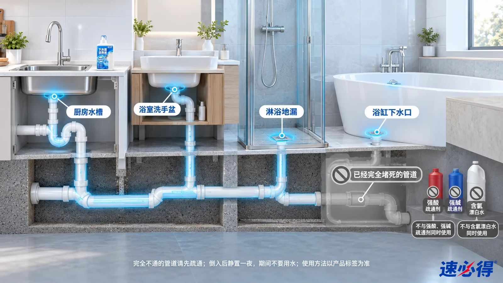 示意图：厨房水槽、洗手盆、淋浴和浴缸下方管道被突出显示，旁列排水设备注意事项。