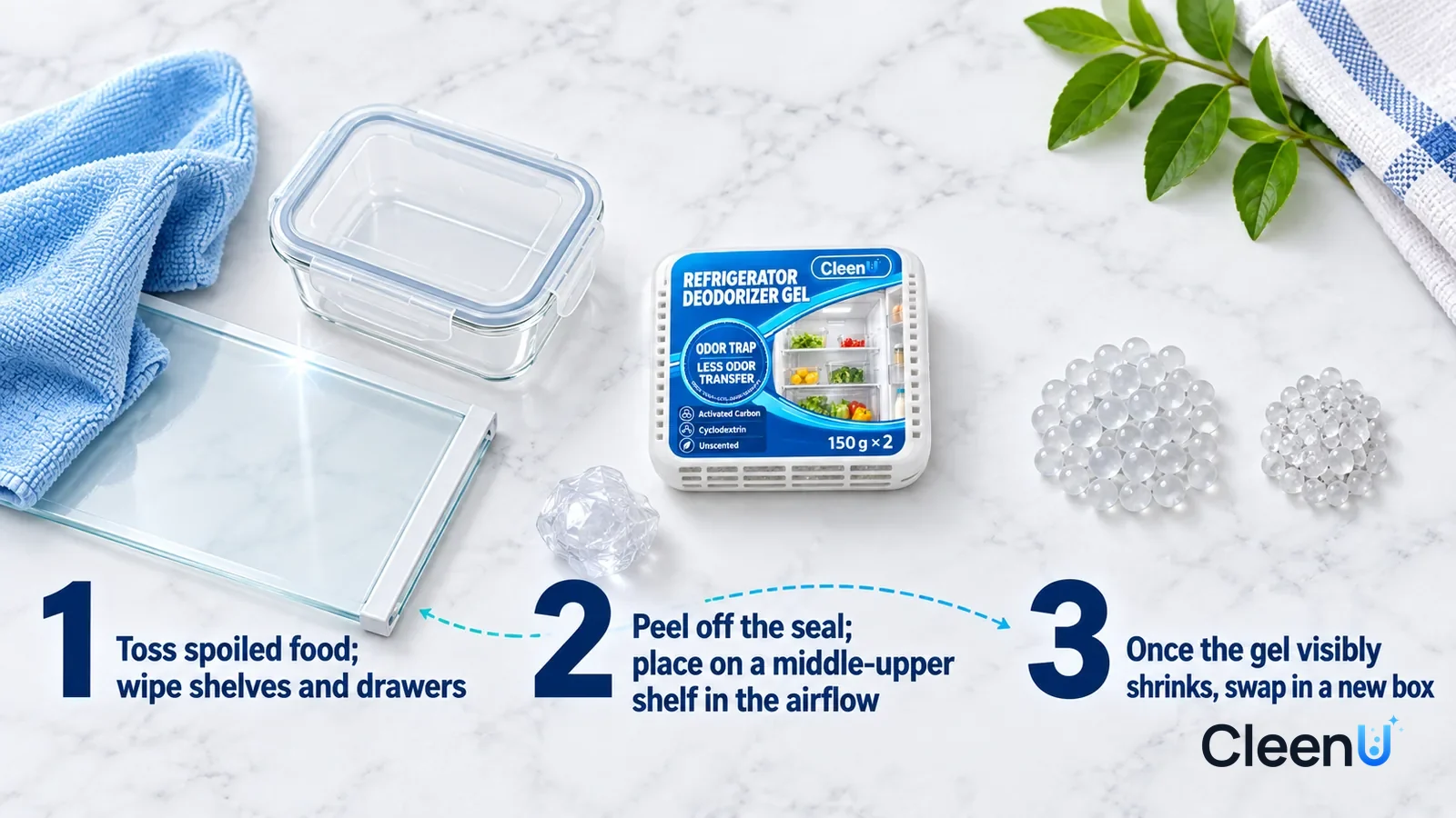 Illustration: CleenU Refrigerator Deodorizer Gel — an overhead shot straight down onto a light marble tabletop, no hands: (1) a wrung-out pale blue cloth, a gleaming glass fridge shelf
