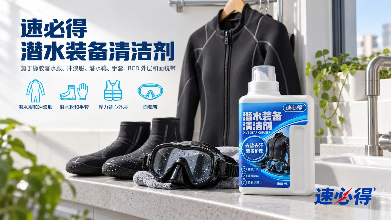 示意图:速必得潜水装备清洁剂——一个明亮干净的阳台洗衣区,一件黑亮的潜水服(无品牌标志)挂在宽肩衣架上,旁边一双潜水靴和一只面镜,产品盖好量杯盖站在右侧洗衣池边的台面上