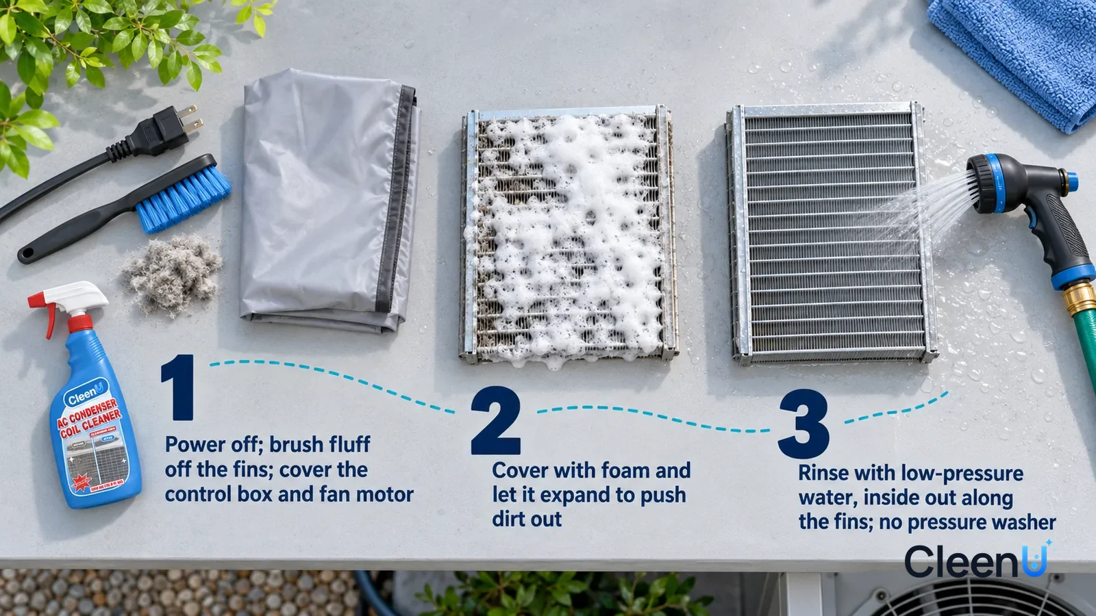 Illustration: CleenU AC Condenser Coil Cleaner — keep one outdoor condenser on a backyard concrete pad, fan stationary and reachable from ground level