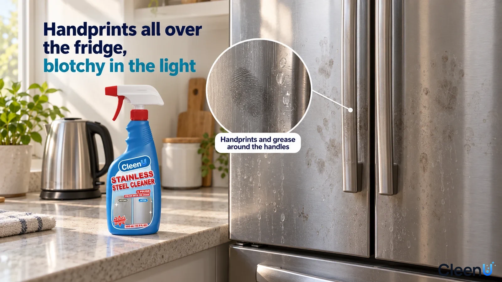 Illustration: Fingerprints on a stainless steel refrigerator door beside a blue bottle and kettle on the counter.