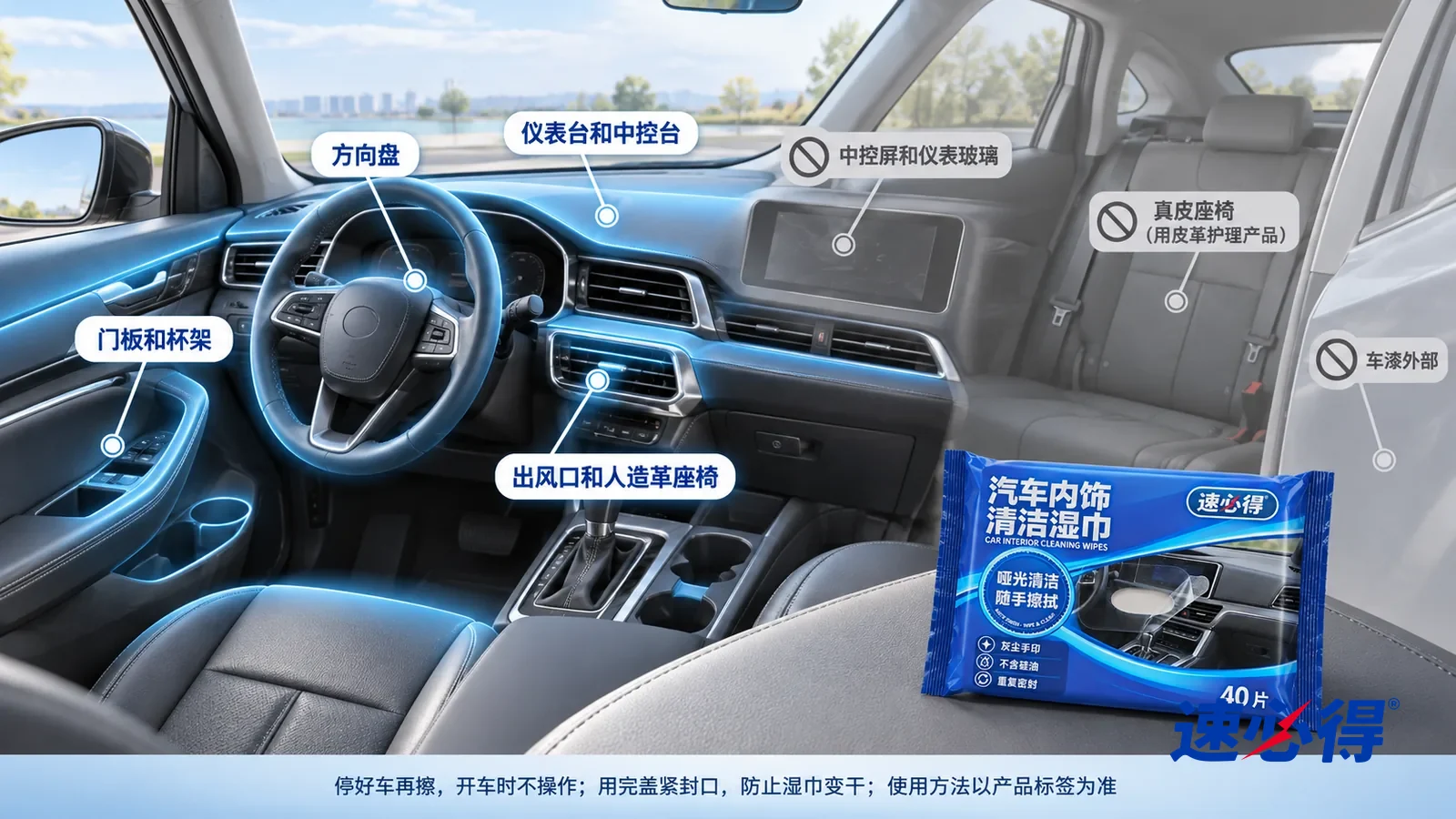 示意图:速必得汽车内饰清洁湿巾——一张写实 3D 剖面实景图,一辆家用车明亮的车厢内饰,连续空间、一个视角,没有车标和车牌:仪表台和中控台、门板和杯架、方向盘