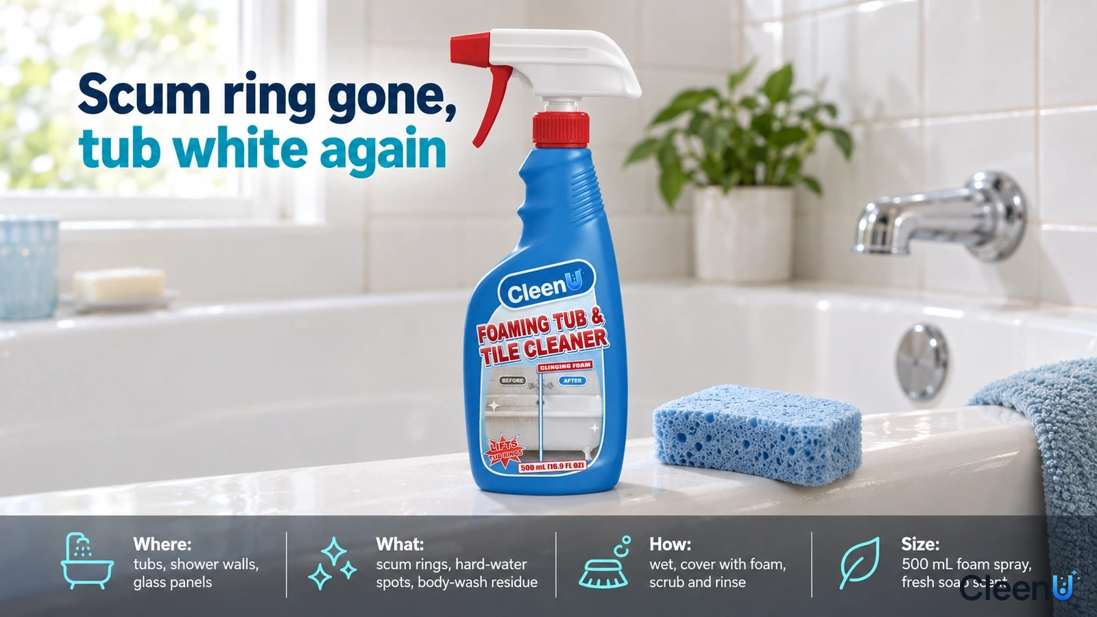 Illustration: A blue cleaner bottle and blue sponge on the edge of a white bathtub.