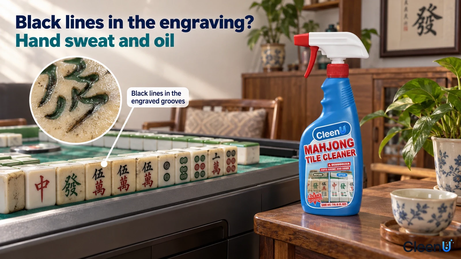 Illustration: Dark grime in engraved mahjong tile grooves beside a mahjong table and blue cleaner bottle.