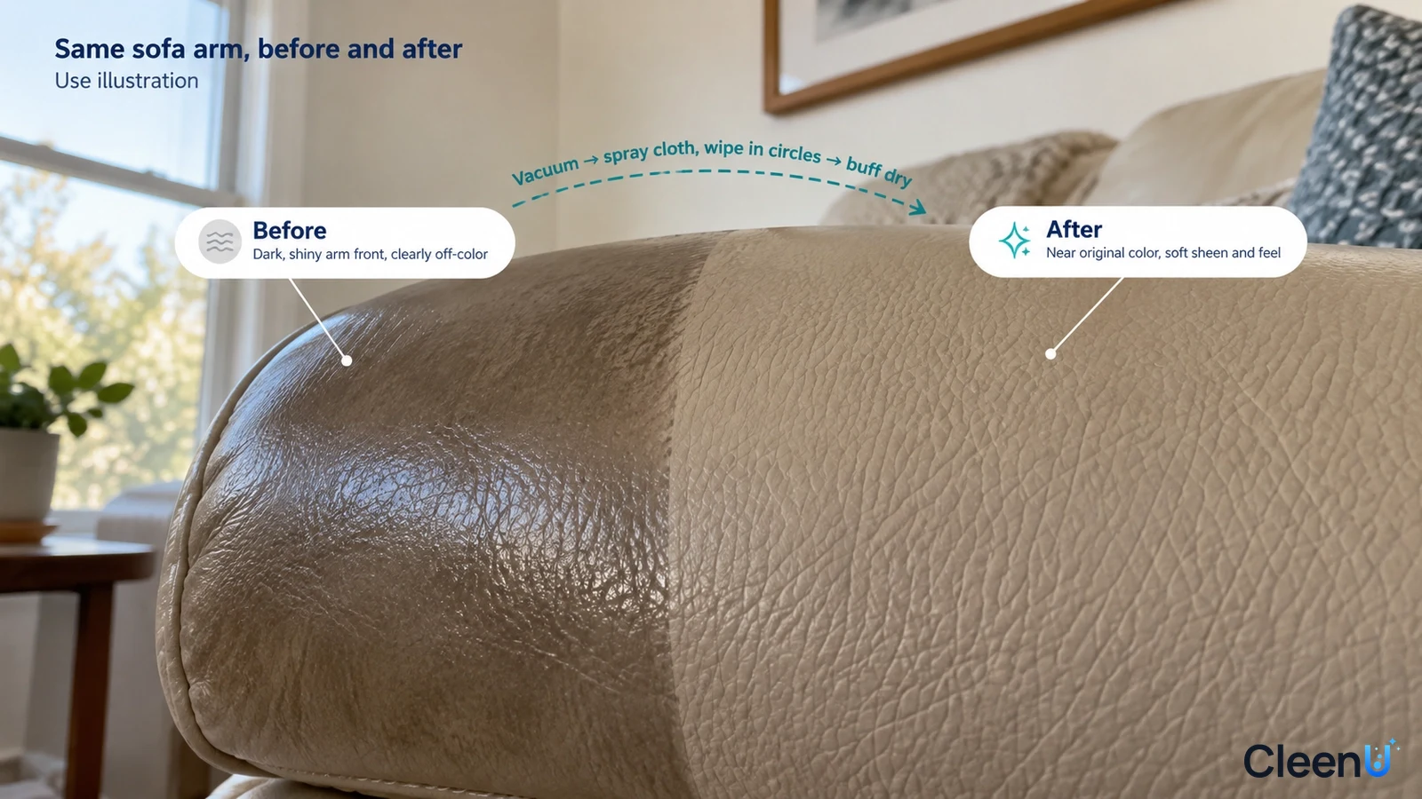Illustration: Dark shiny and lighter areas of a leather sofa arm; not a measured cleaning test.