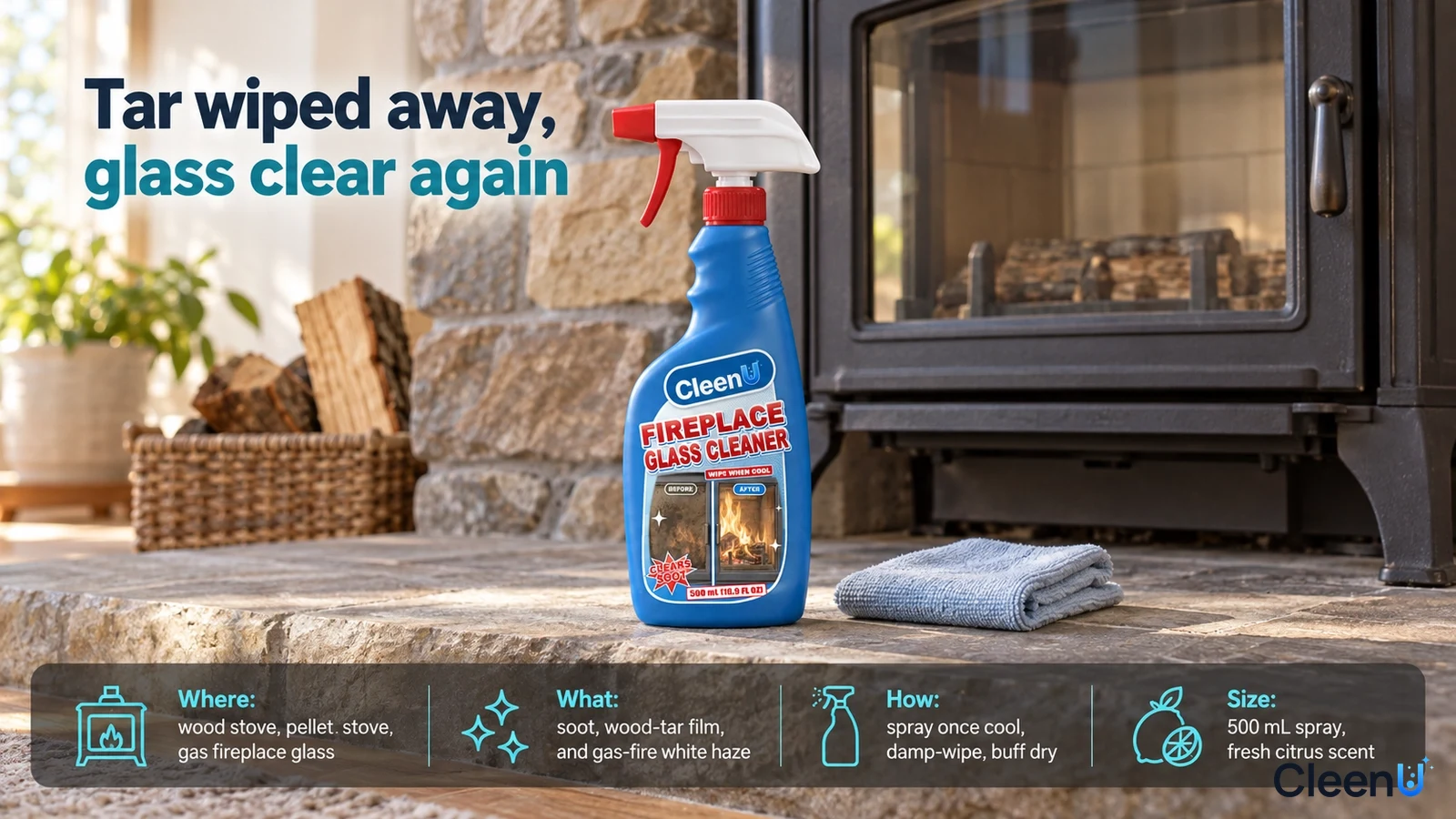 Illustration: A blue cleaner bottle and gray cloth on a stone hearth in front of a black stove.