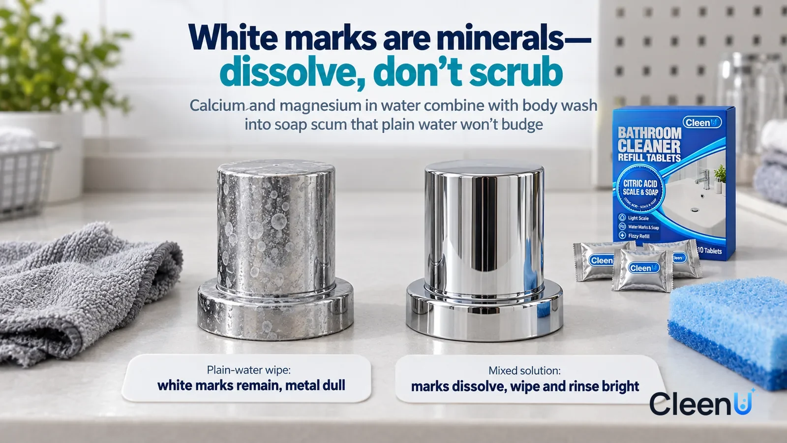 Illustration: CleenU Bathroom Cleaner Refill Tablets — A landscape medium close-up of a small experiment in a cleaning lab: two identical chrome metal samples side by side on a white test bench Headli