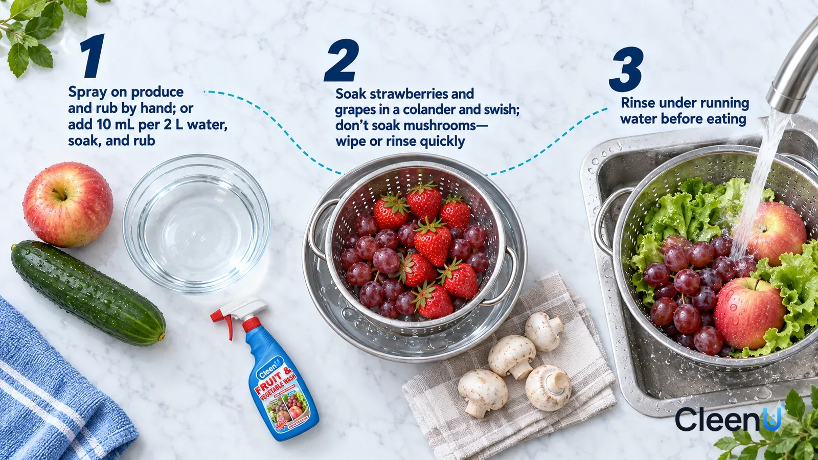 Illustration: CleenU Fruit & Vegetable Wash — an overhead shot straight down onto a light marble tabletop, no bottle and no hands: (1) an apple, a cucumber