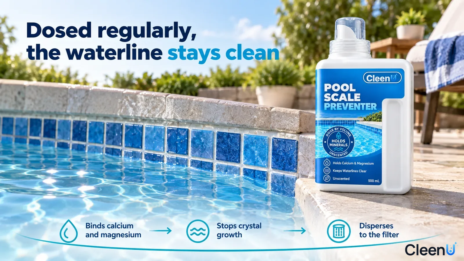 Illustration: Close-up of blue pool waterline tiles beside a white scale-preventer bottle.