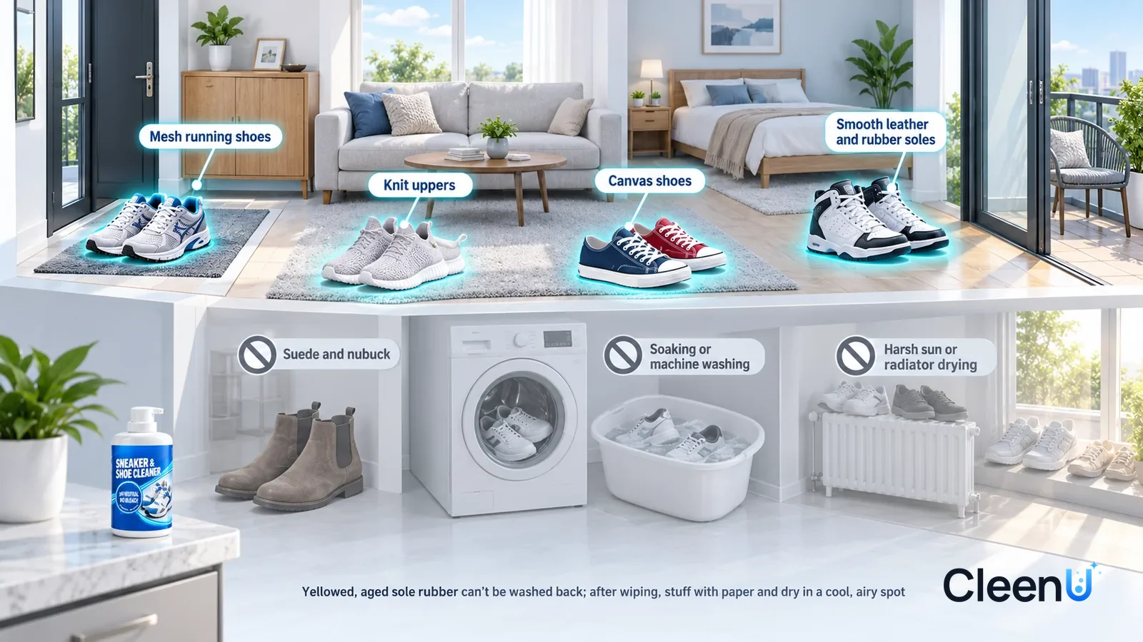 Illustration: CleenU Sneaker & Shoe Cleaner — A realistic 3D cutaway of a bright home's entryway, living room, bedroom, and balcony, one continuous space from one viewpoint