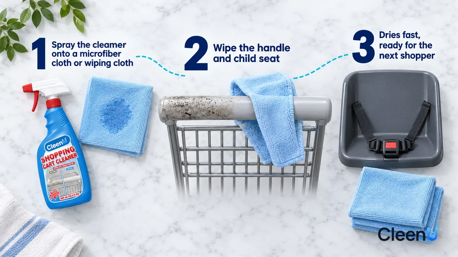 Illustration: CleenU Shopping Cart Cleaner — an overhead shot straight down onto a light marble tabletop, no hands: (1) a folded pale blue microfiber cloth
