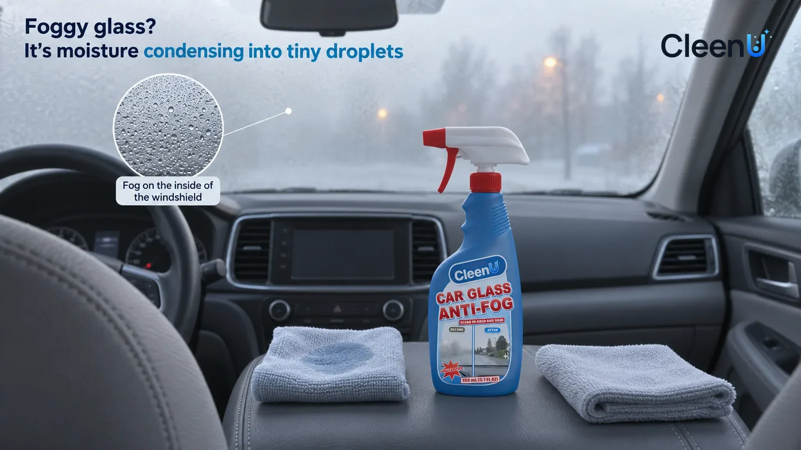 Illustration: CleenU Car Glass Anti-Fog — use one parked unbranded family car with grey interior and center armrest in cool morning window light, no driving or in-motion application