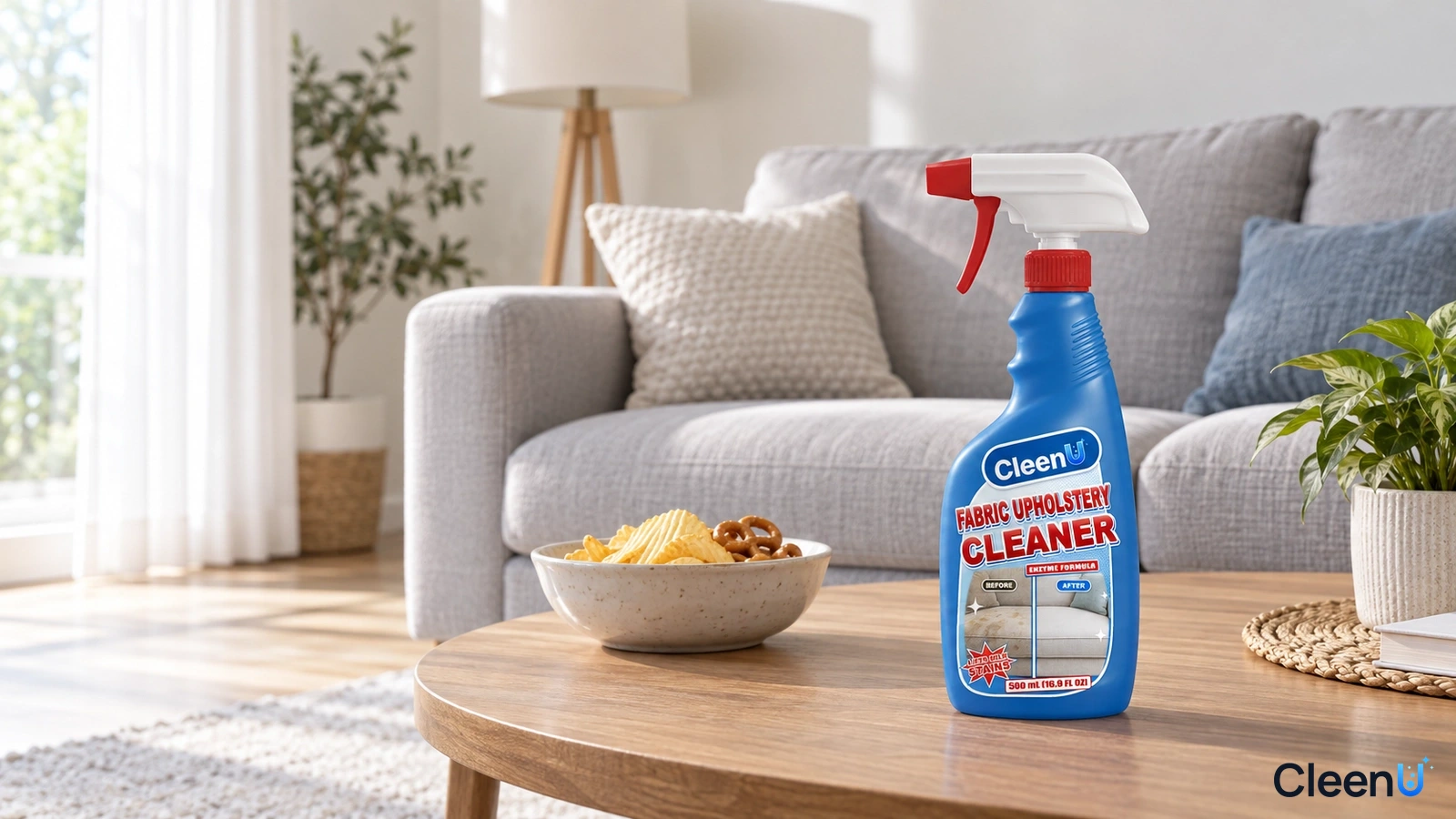 Illustration: A blue cleaner bottle on a wooden coffee table with a gray sofa in a bright living room.