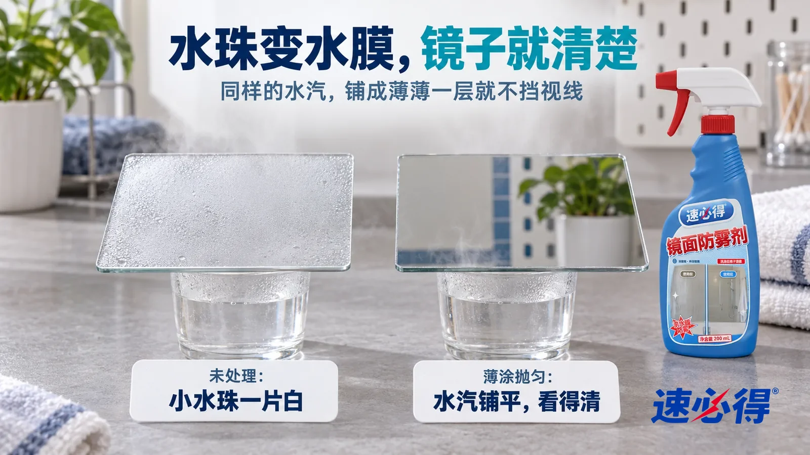 示意图：速必得镜面防雾剂——斜架在两只同样的玻璃杯上方，杯里的热水冒着淡淡蒸汽，标题“水珠变水膜，镜子就清楚”