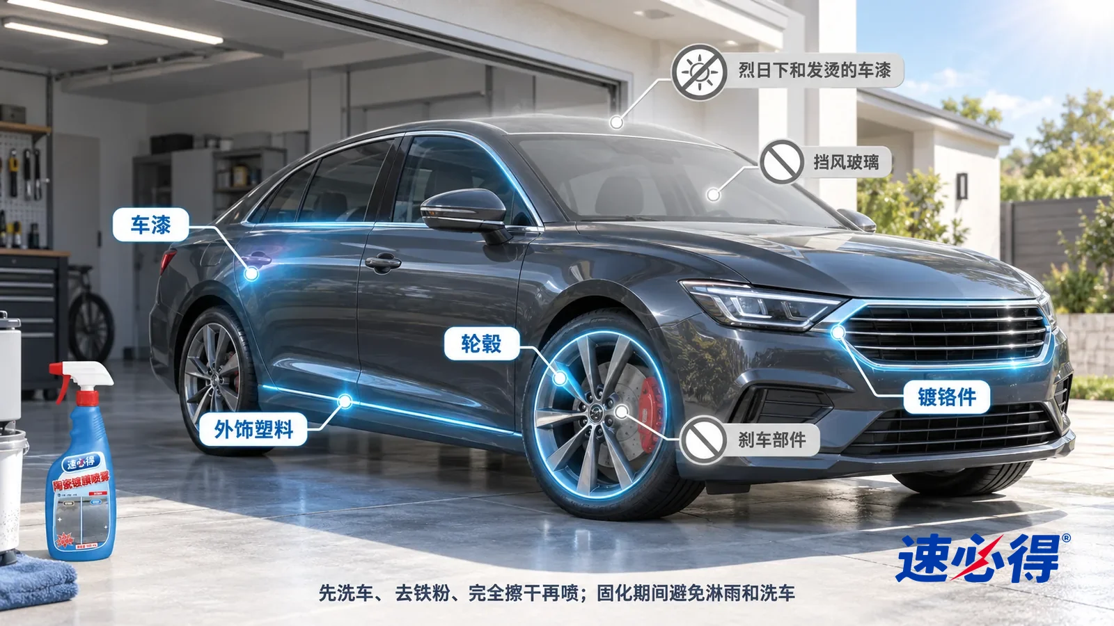 示意图:速必得陶瓷镀膜喷雾——一张写实 3D 剖面实景图,一个家的车库和门前车位,连续空间、一个视角,不出现瓶子:深灰色轿车(无车标、无车牌)的车漆、轮毂、外饰塑料饰条