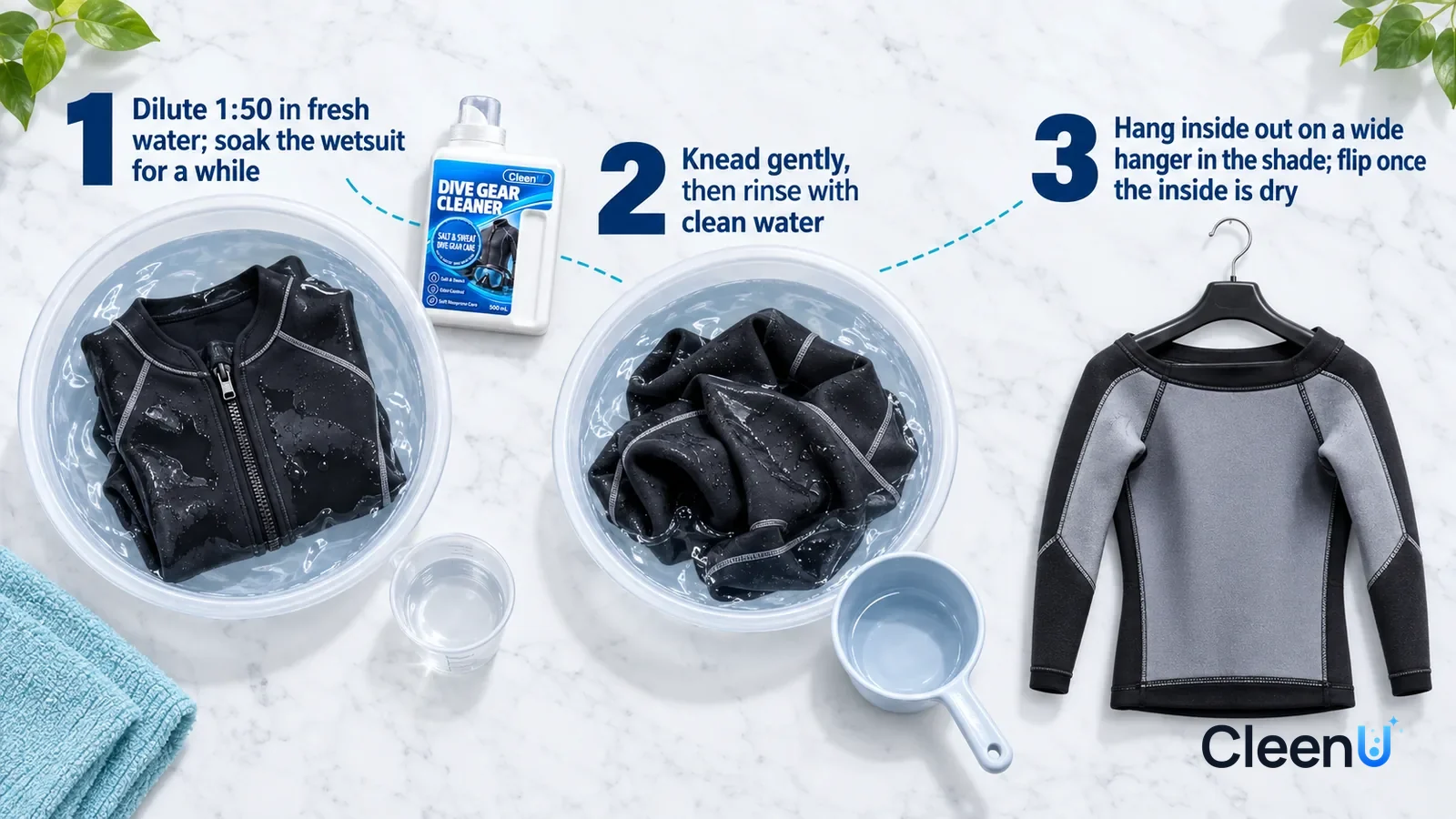 Illustration: CleenU Dive Gear Cleaner — an overhead shot straight down onto a light marble tabletop, no hands: (1) a large plastic tub of fresh water and a separate small clear mea