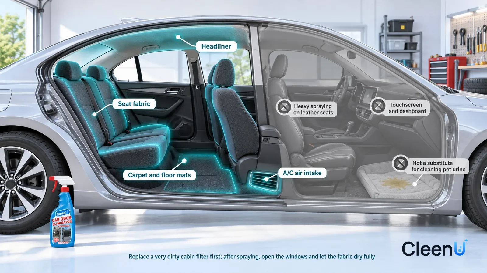 Illustration: CleenU Car Odor Eliminator — A realistic 3D cutaway of a bright home garage with a family sedan cut open along one side, one continuous space from one viewpoint