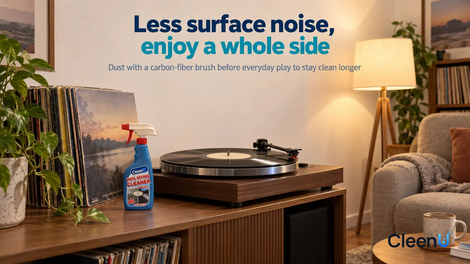 Illustration: CleenU Vinyl Record Cleaner — A quiet living room in the evening, a record slowly turning on a turntable (no brand marks), its center label plain and blank Headline: "Less surface noise,