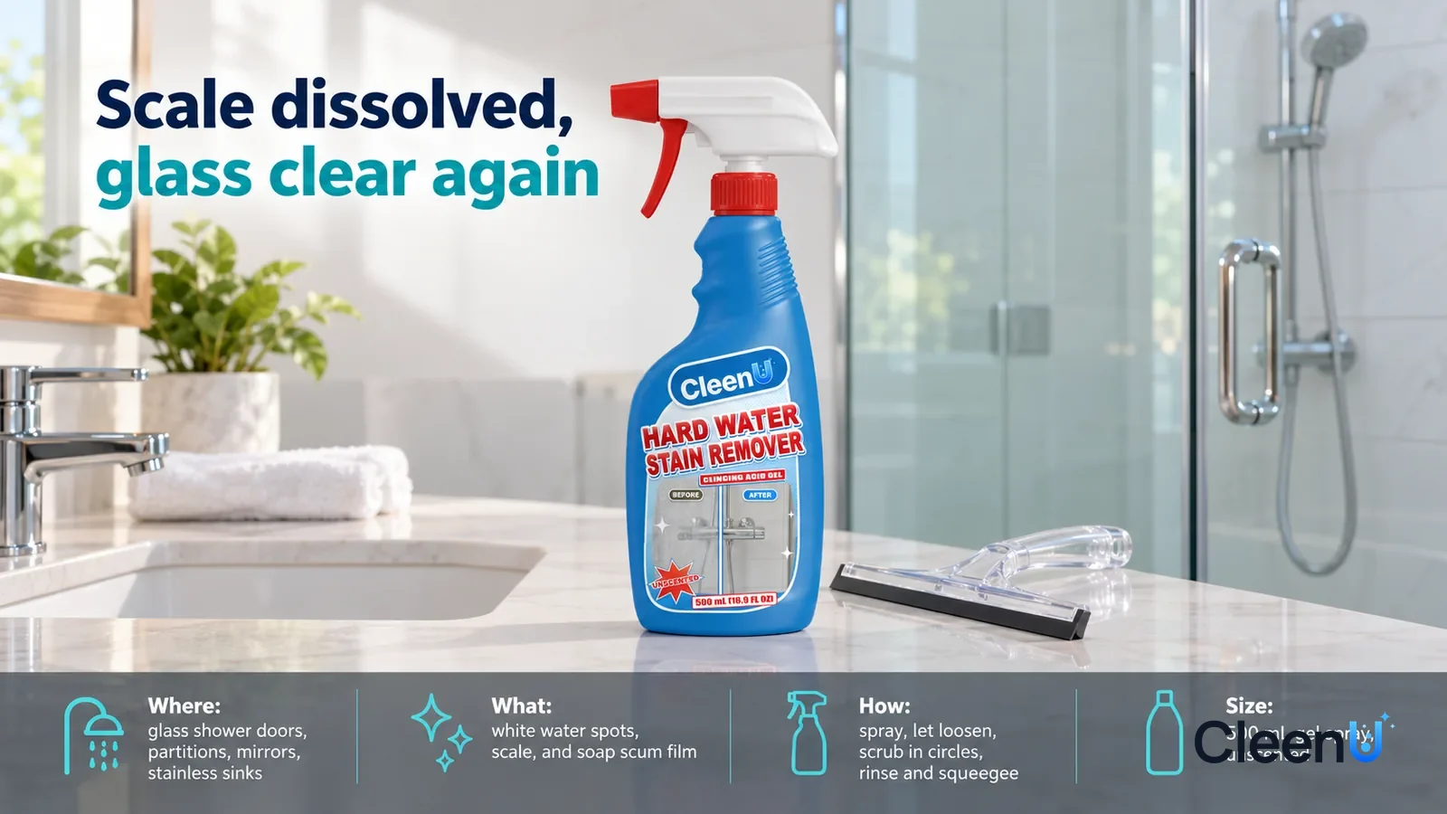 Illustration: CleenU Hard Water Stain Remover stands centered on the bathroom vanity, a clear squeegee beside it