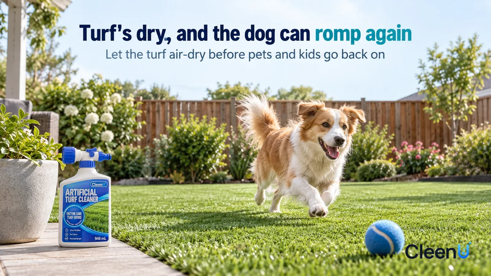 Illustration: CleenU Artificial Turf Cleaner — A bright afternoon backyard, dry, fluffy artificial turf, a dog running across it after a small ball Headline: "Turf's dry, and the dog can romp again"