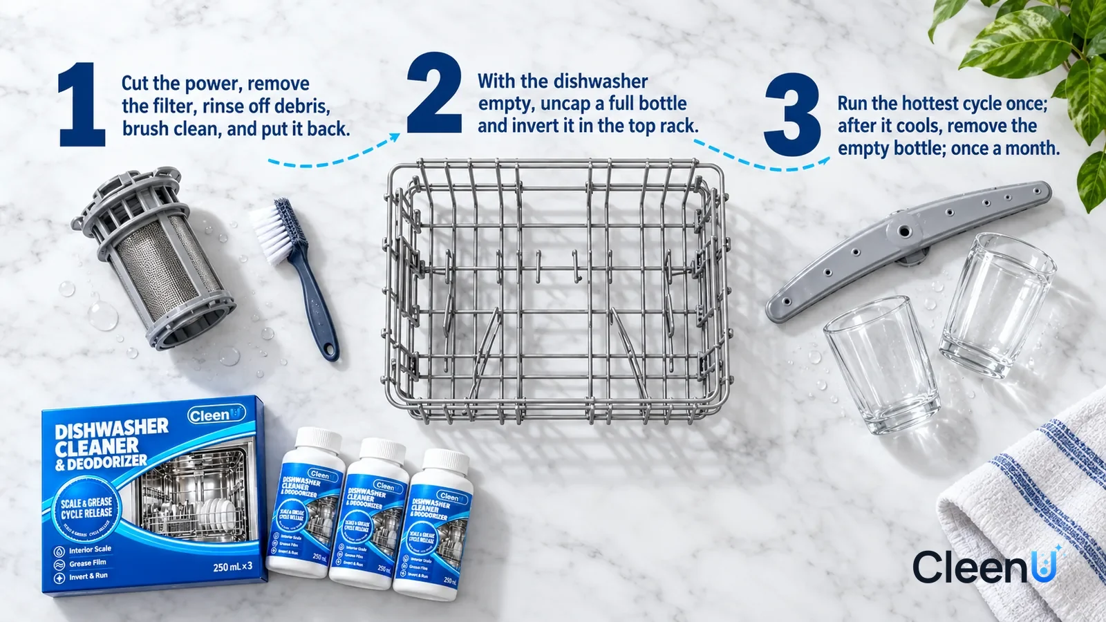 Illustration: CleenU Dishwasher Cleaner & Deodorizer — an overhead shot straight down onto a light marble tabletop, no hands, a small-scale set of our product lying flat beside group 1: (1) a rem