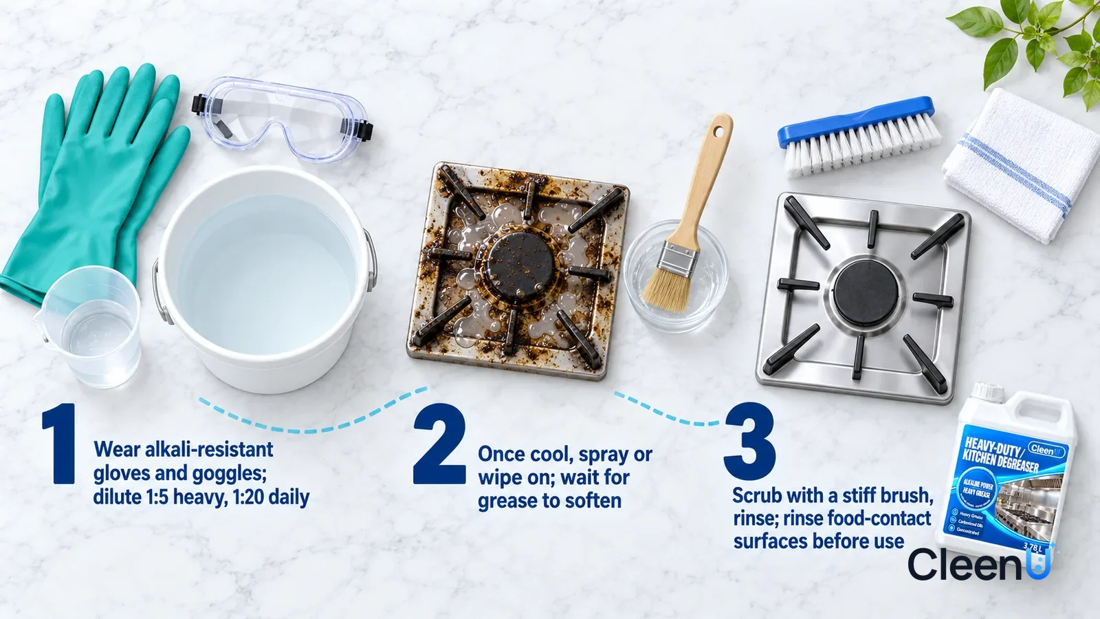 Illustration: CleenU Heavy-Duty Kitchen Degreaser — an overhead shot straight down onto a light marble tabletop, no hands: (1) a pair of alkali-resistant gloves, a pair of goggles
