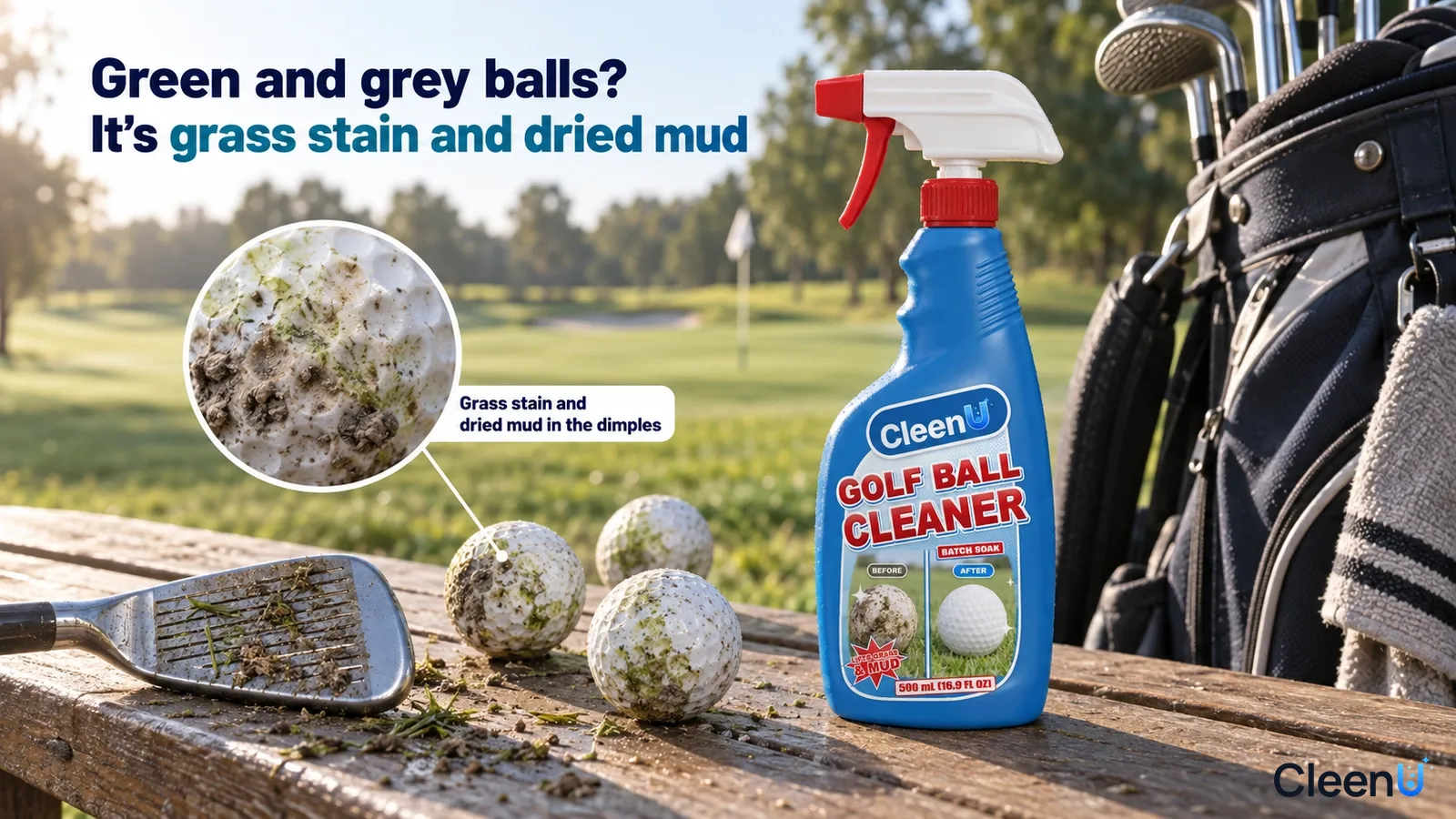 Illustration: Muddy grass-stained golf balls and a club head beside a blue cleaner bottle and golf bag.