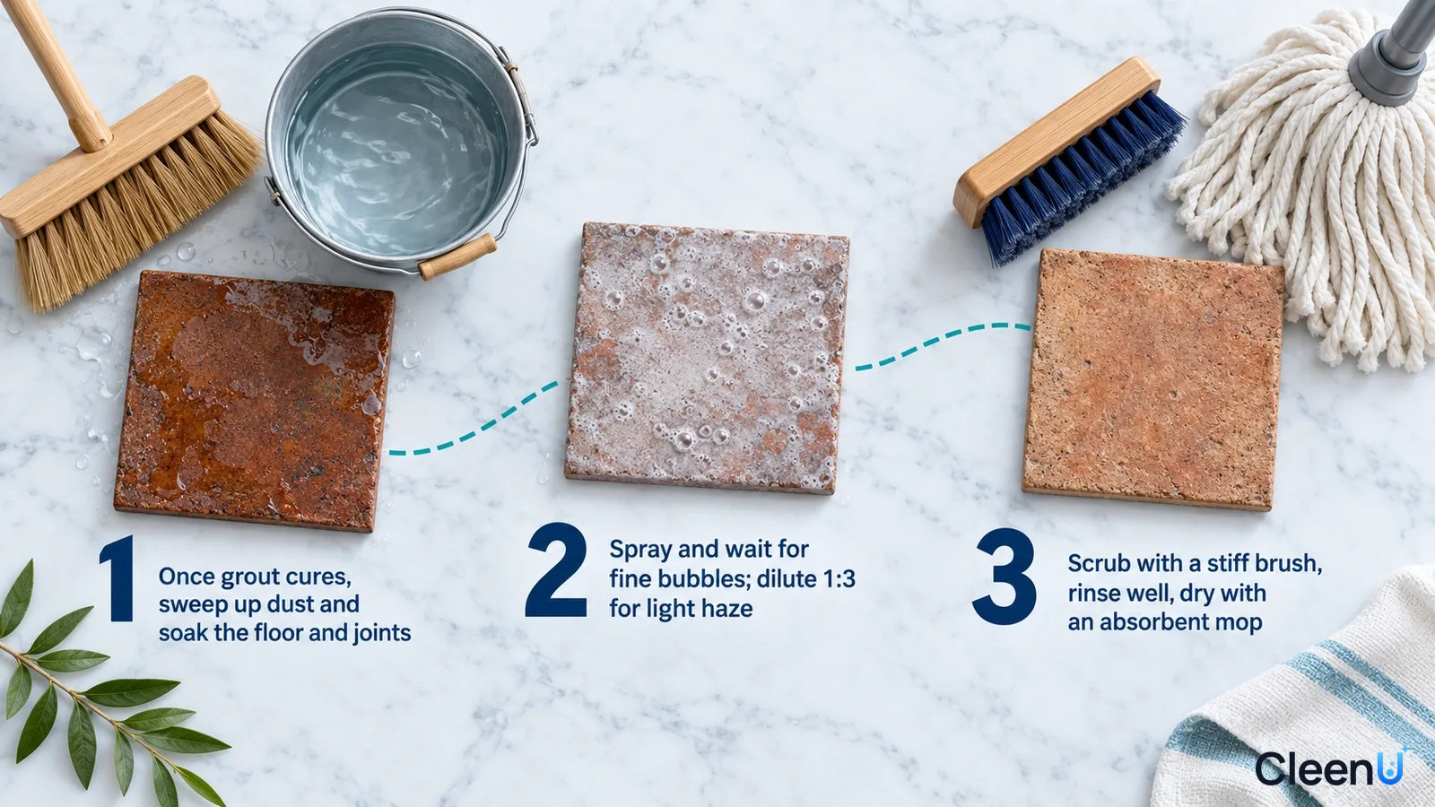 Illustration: Tile samples, a bucket, brushes and floor cleaning tools with numbered steps.