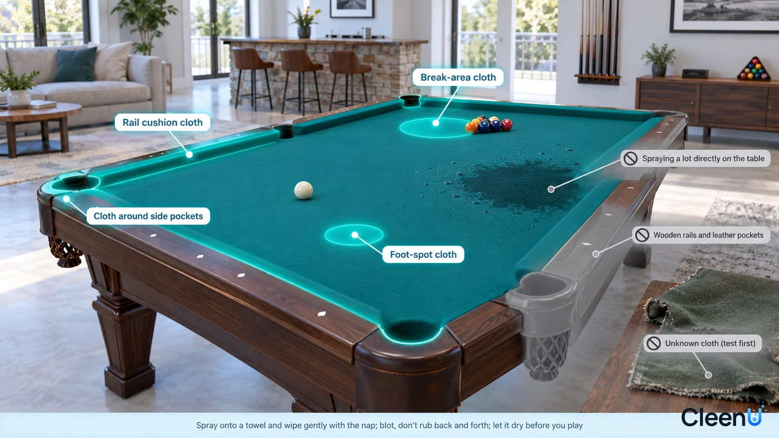 Illustration: Highlighted green cloth and billiard table areas beside use precaution icons.
