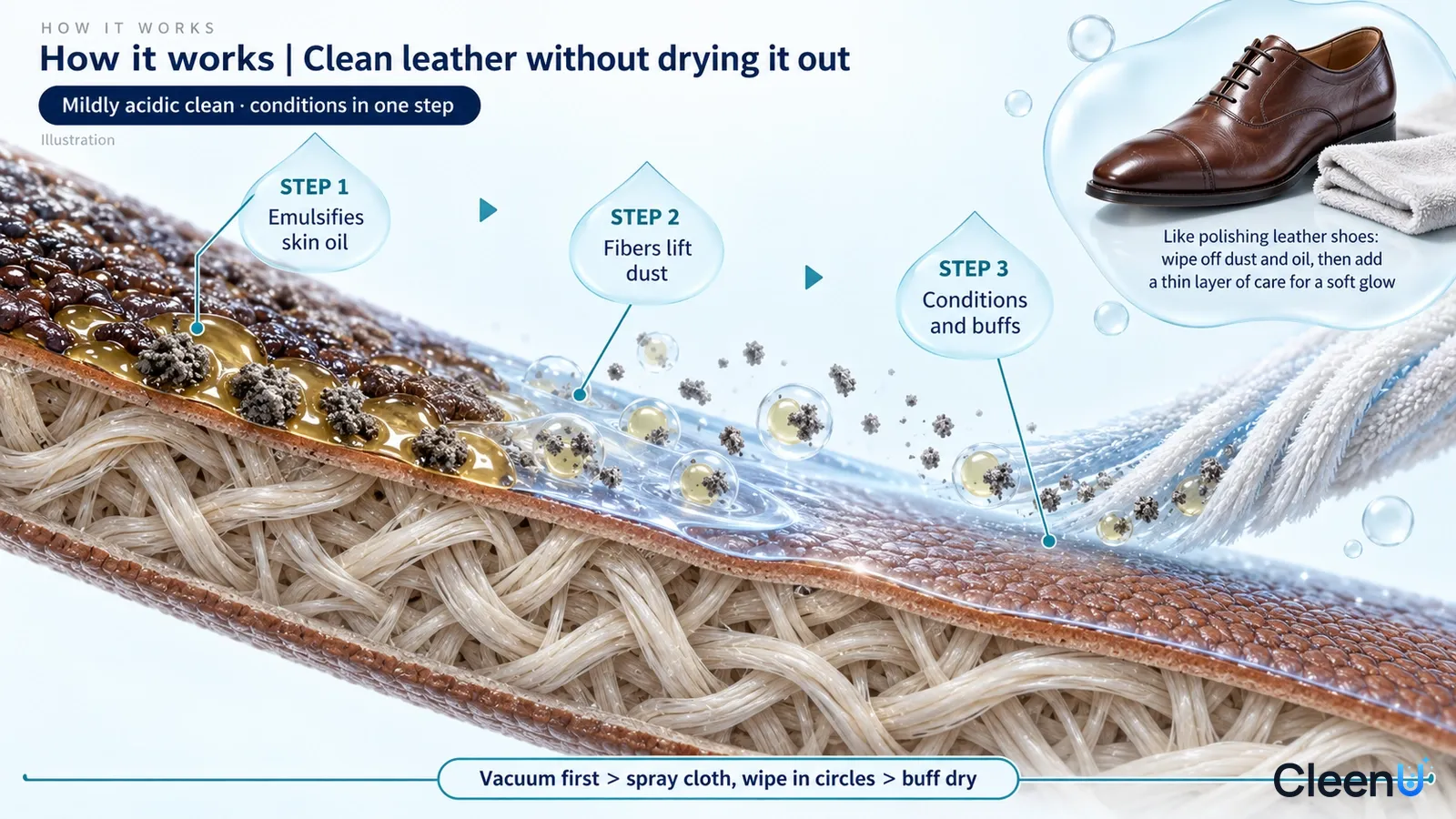Illustration: Leather fibers and a surface cross-section with oil particles, drops and a cleaning cloth.