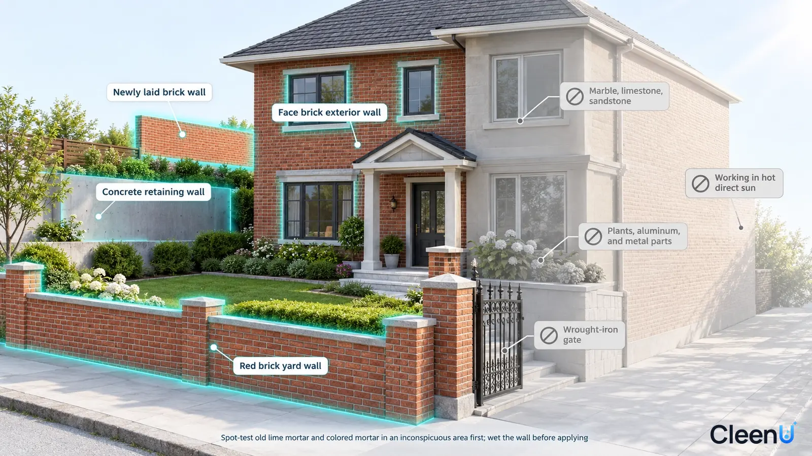 Illustration: A house cutaway highlighting exterior brick walls, boundary walls and wall bases beside material precaution icons.