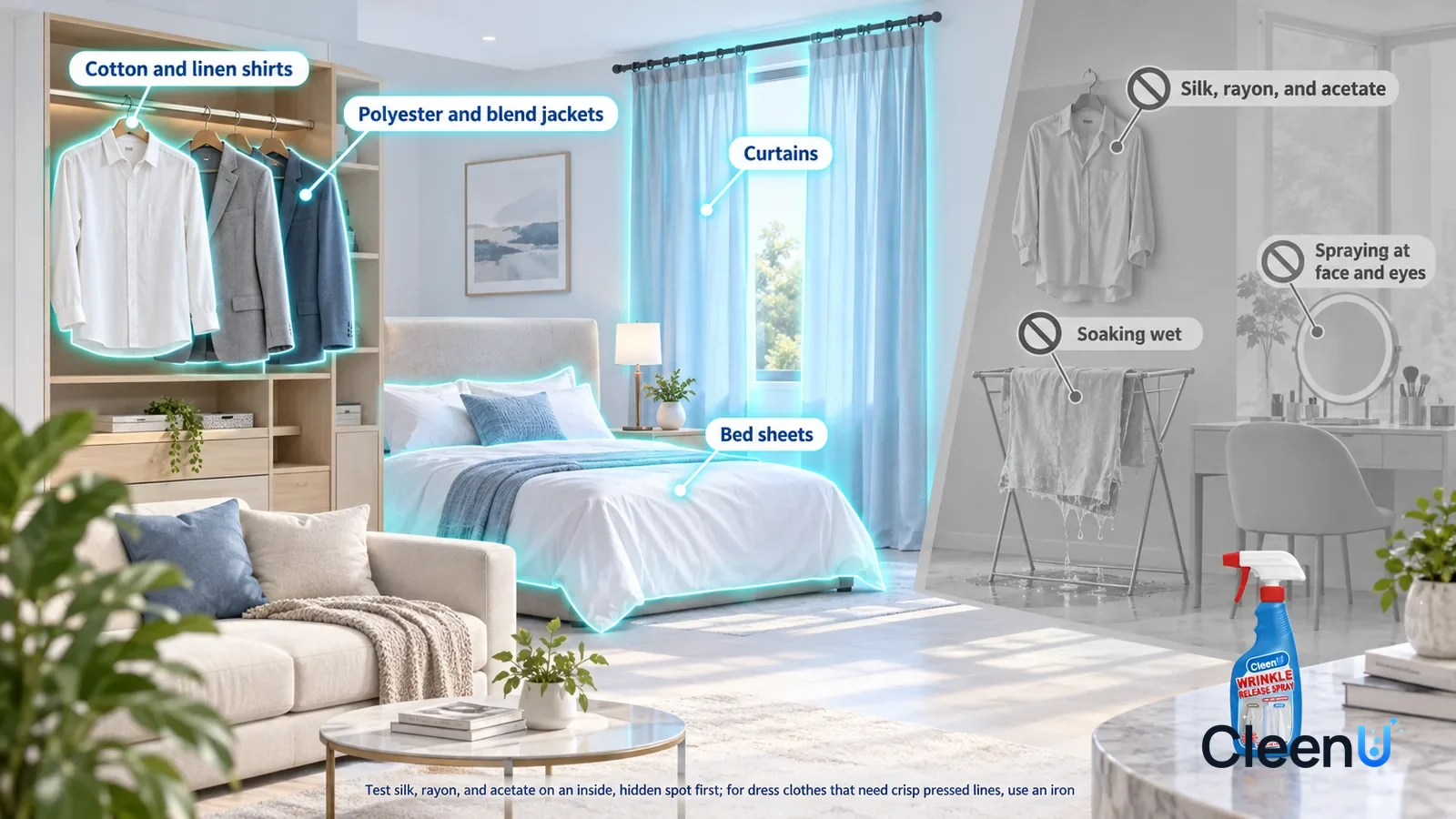 Illustration: CleenU Wrinkle Release Spray — A realistic 3D cutaway of a bright home's bedroom, walk-in closet, and living area, one continuous space from one viewpoint