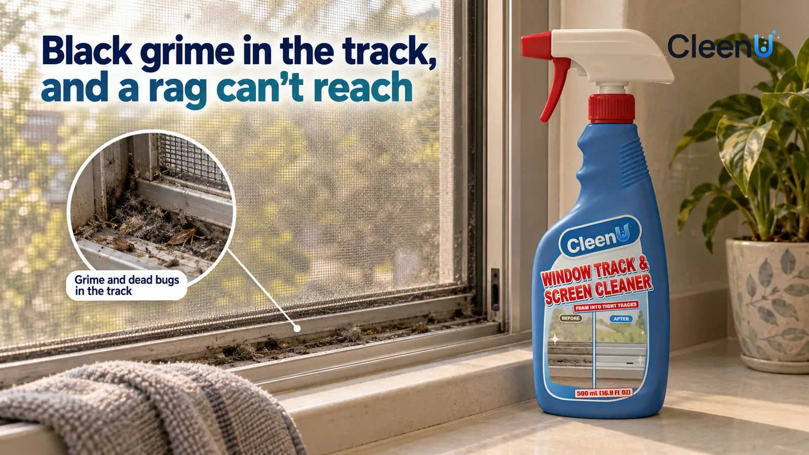 Illustration: CleenU Window Track & Screen Cleaner — An aluminum sliding window in a home living room, viewed level with the sill from inside; in raking light the blackened, caked grime