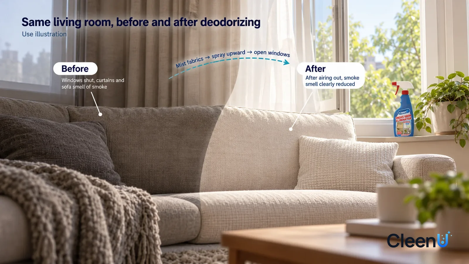 Illustration: CleenU Smoke Odor Eliminator — A full-screen low-angle close-up of a living-room window corner, the same window