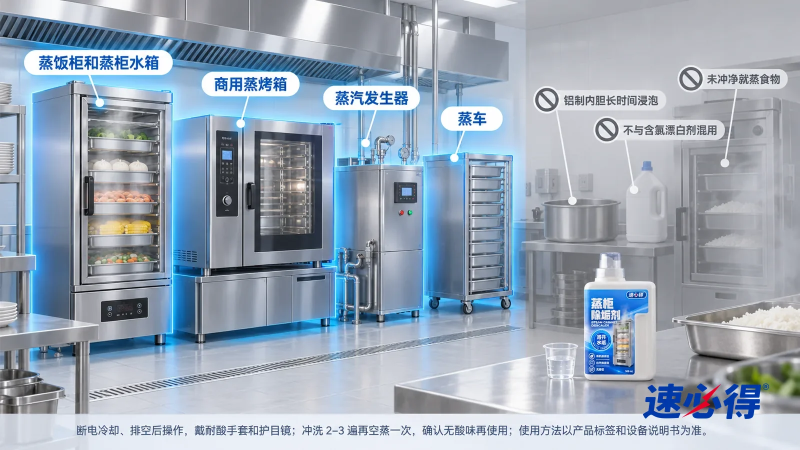 示意图:速必得蒸柜除垢剂——一张写实 3D 剖面实景图,一个明亮的单位食堂后厨,连续空间、一个视角,不出现人:商用蒸饭柜水箱、商用蒸烤箱、蒸汽发生器