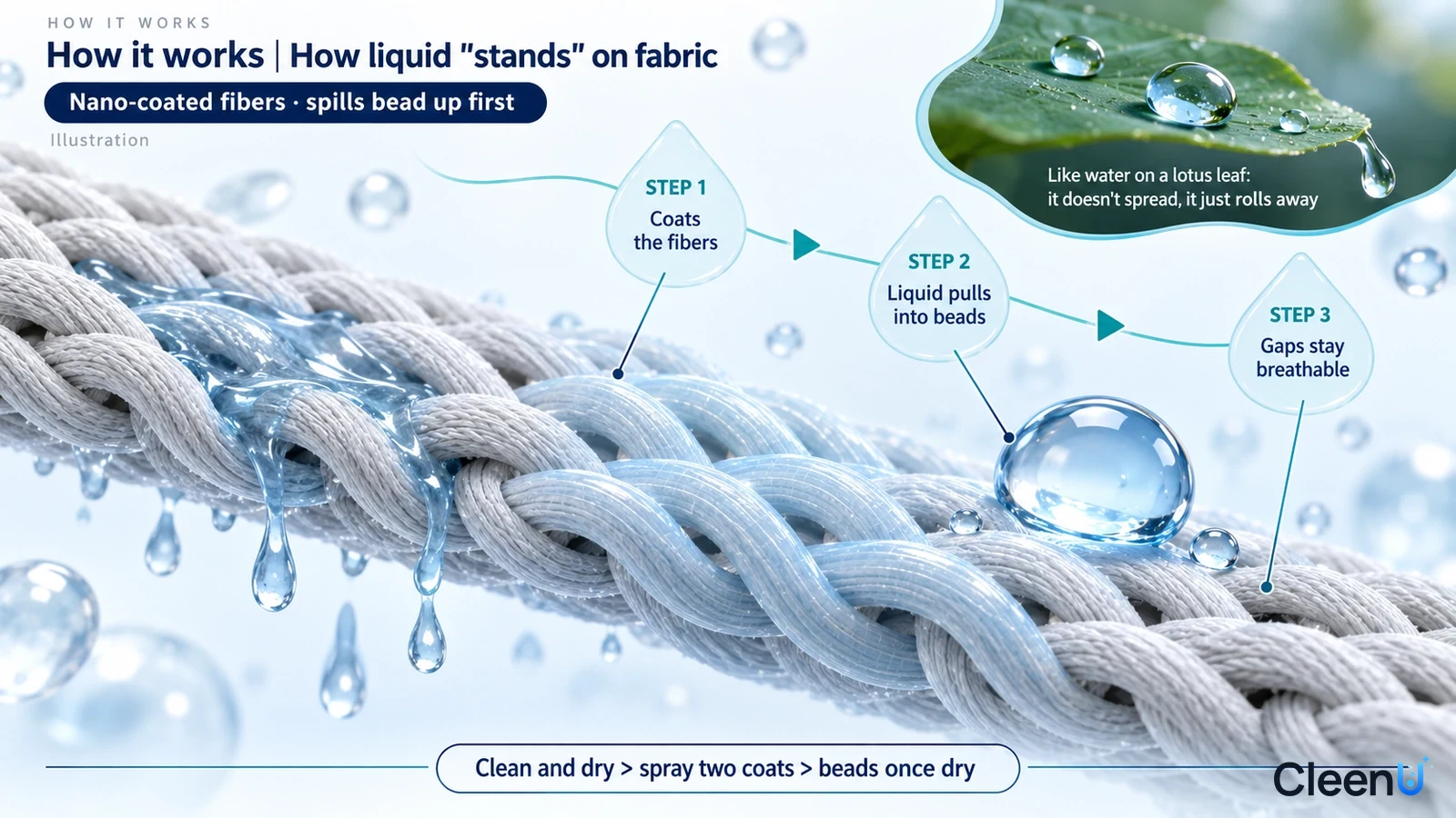 Illustration: Woven fiber cross-sections, a blue surface layer, water beads and arrows.