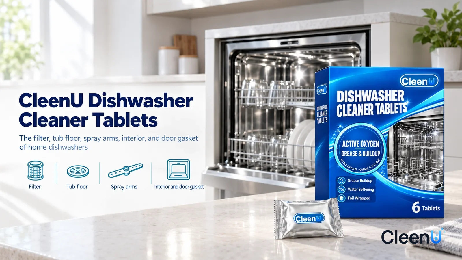 Illustration: CleenU Dishwasher Cleaner Tablets — A bright, clean kitchen, a built-in dishwasher (no brand marks) with its door slightly open and a clean, shining stainless-steel interior