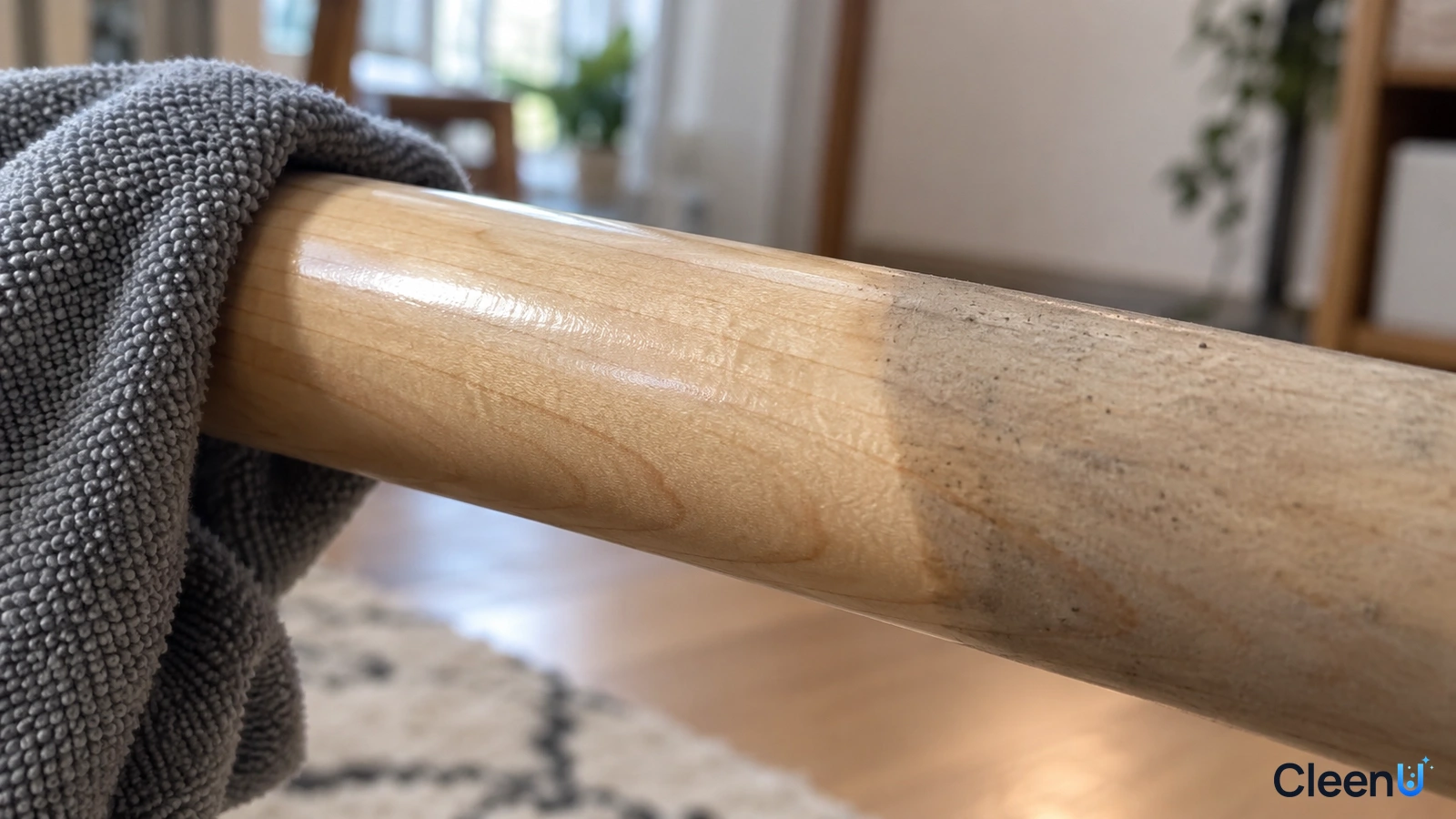Illustration: Close-up of a gray cloth wiping a light wooden billiard cue shaft.