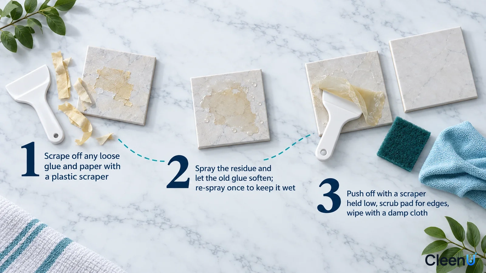 Illustrated numbered cleanup steps with adhesive-marked tile samples, a scraper, green sponge and blue cloth.