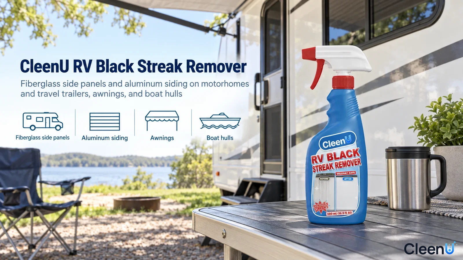 Illustration: A blue cleaner bottle beside an RV with use icons.