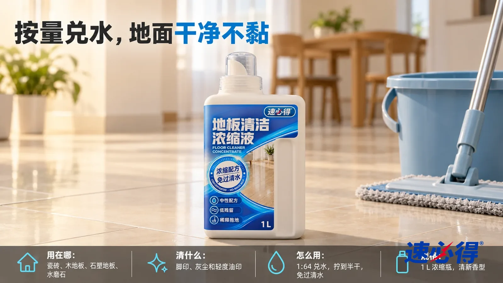 示意图：速必得地板清洁浓缩液盖好量杯盖居中站在干净的浅色瓷砖地面上，旁边一只蓝色拖把桶，身后干净均匀的地面和餐厅向画面深处柔和虚化