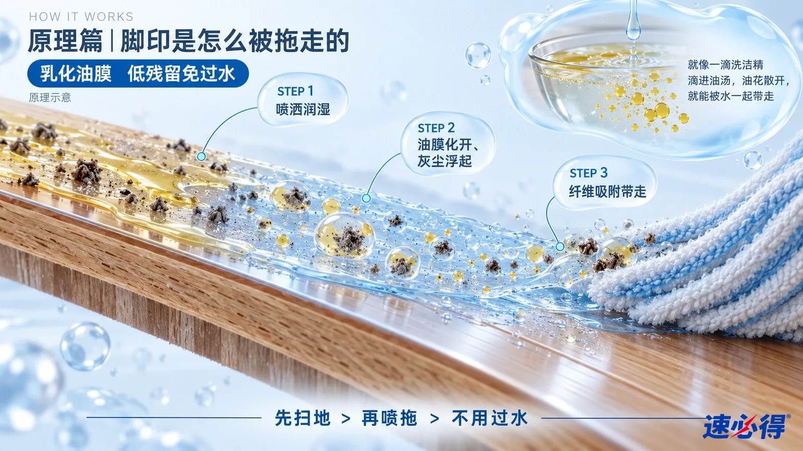 示意图：地板表面剖面、黄色污渍颗粒、液滴和拖布的原理示意。