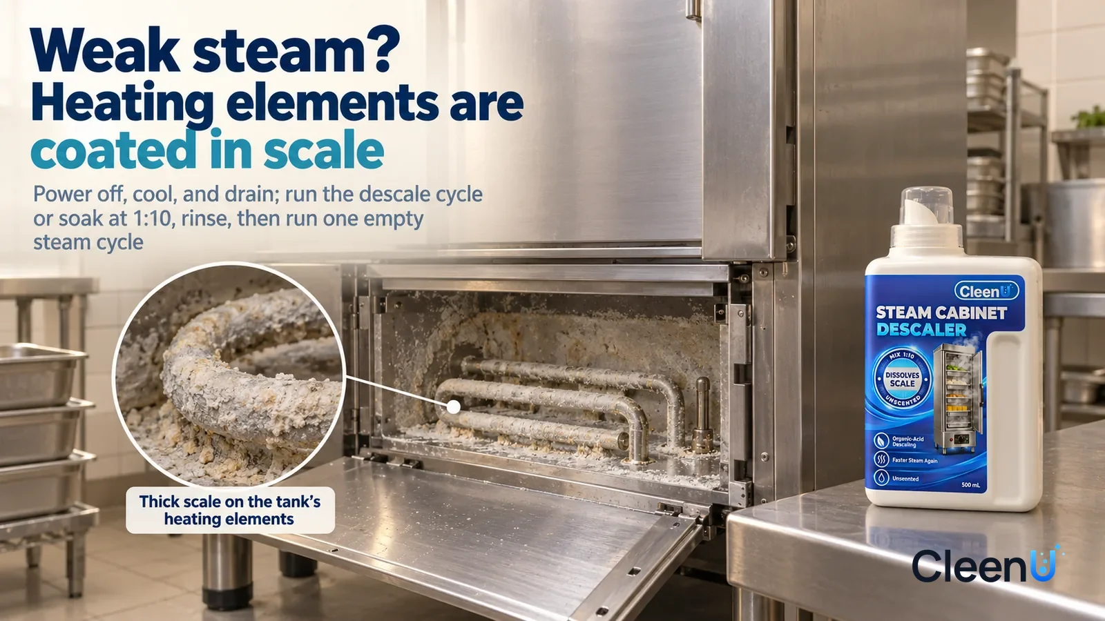Illustration: CleenU Steam Cabinet & Combi Oven Descaler — The back kitchen of an institutional cafeteria, a stainless-steel commercial rice steamer cabinet (no brand marks) already powered off and c