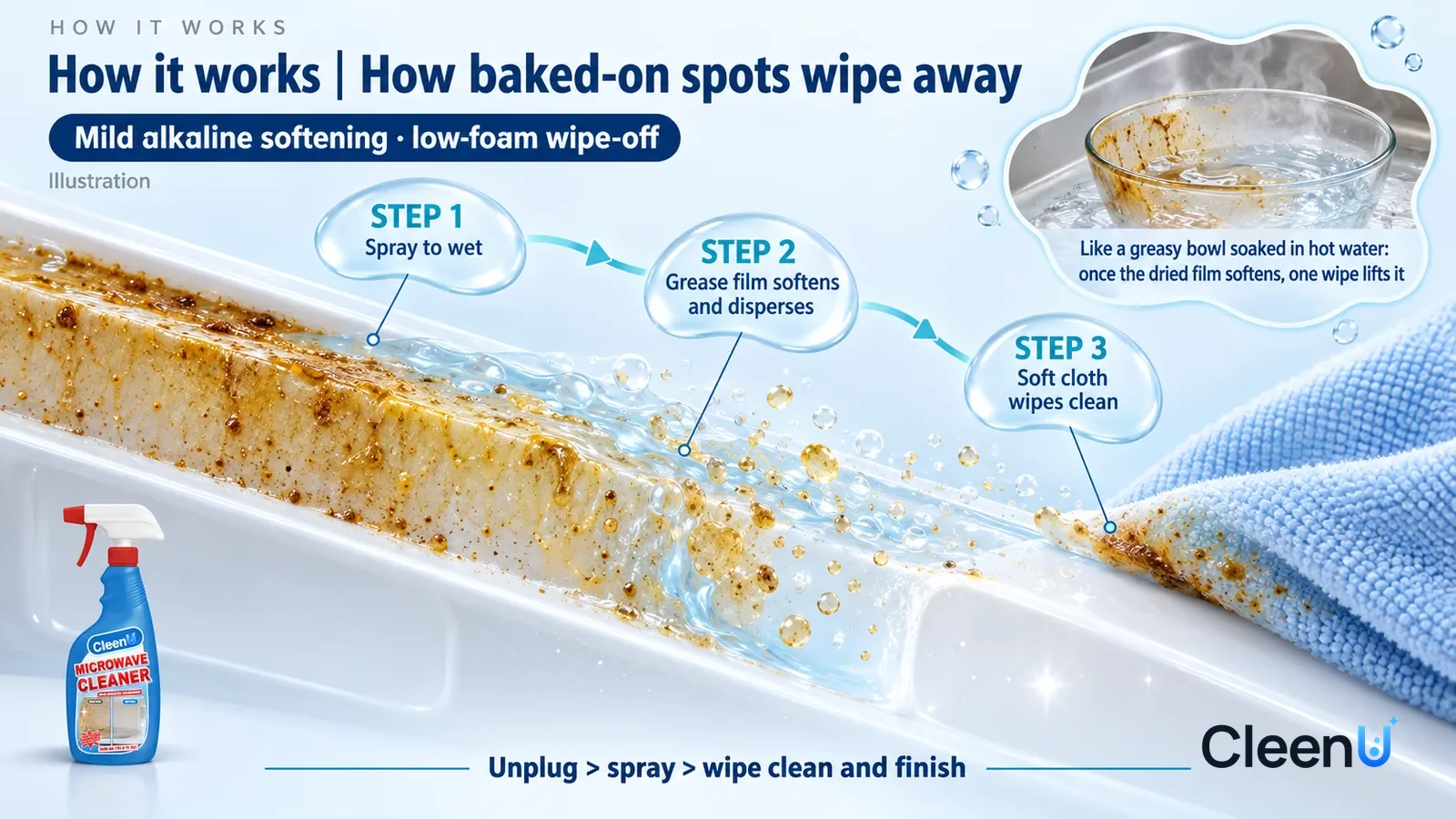 Illustration: CleenU Microwave Cleaner — an enormously magnified cross-section of a white microwave interior wall runs diagonally from upper left to lower right; on the left a hard