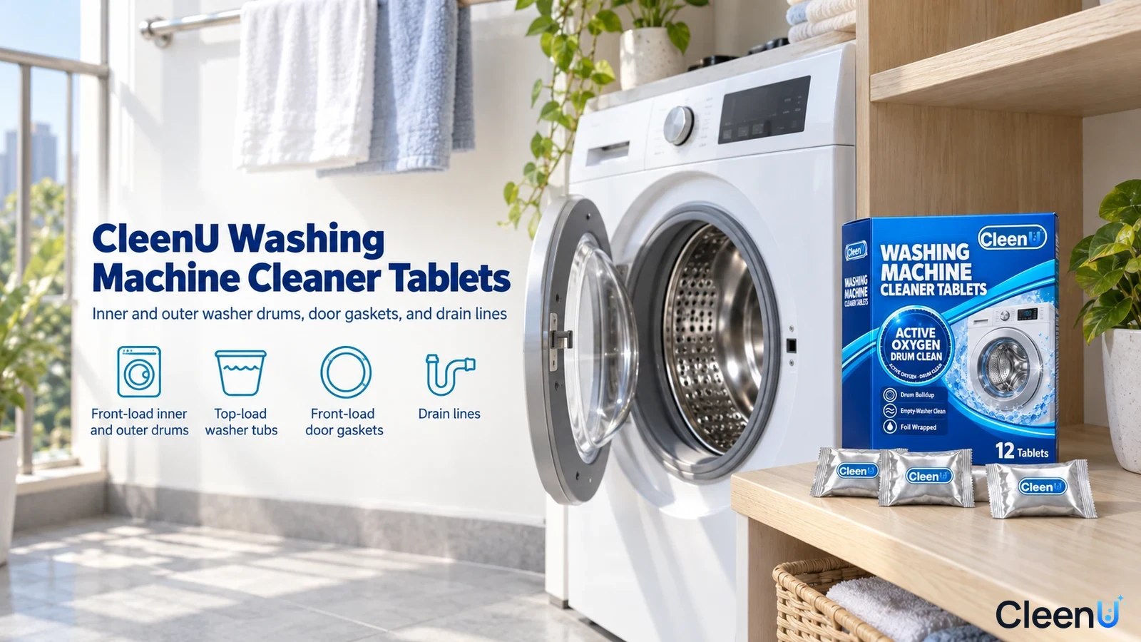 Illustration: A blue cleaner-tablet box beside an open washing machine with use icons.
