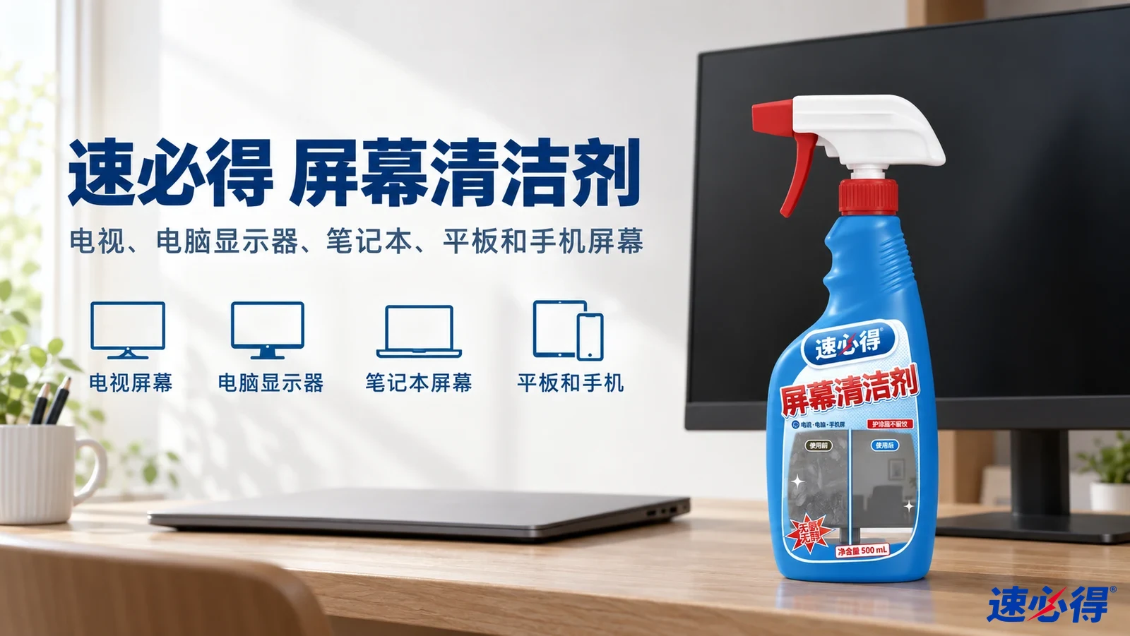 示意图：蓝色喷瓶摆在显示器和笔记本电脑旁，配有产品用途图标。