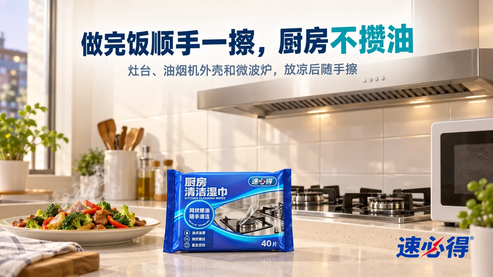 示意图：速必得厨房清洁湿巾——傍晚明亮的厨房，灶火关着，干净的不锈钢燃气灶、油烟机外壳和白色瓷砖墙在柔和灯光下干净清爽，标题“做完饭顺手一擦，厨房不攒油”
